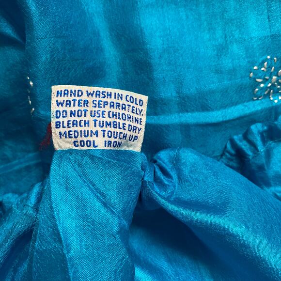 Blue Embroidered Long Sleeve Sz S  Silk Ethnic Top Boho Festival Blouse - Picture 4 of 10